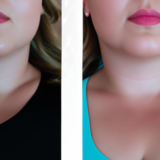 Before and after comparison images of a person's chin showing the results of a cool sculpting treatment to reduce double chin and enhance jawline